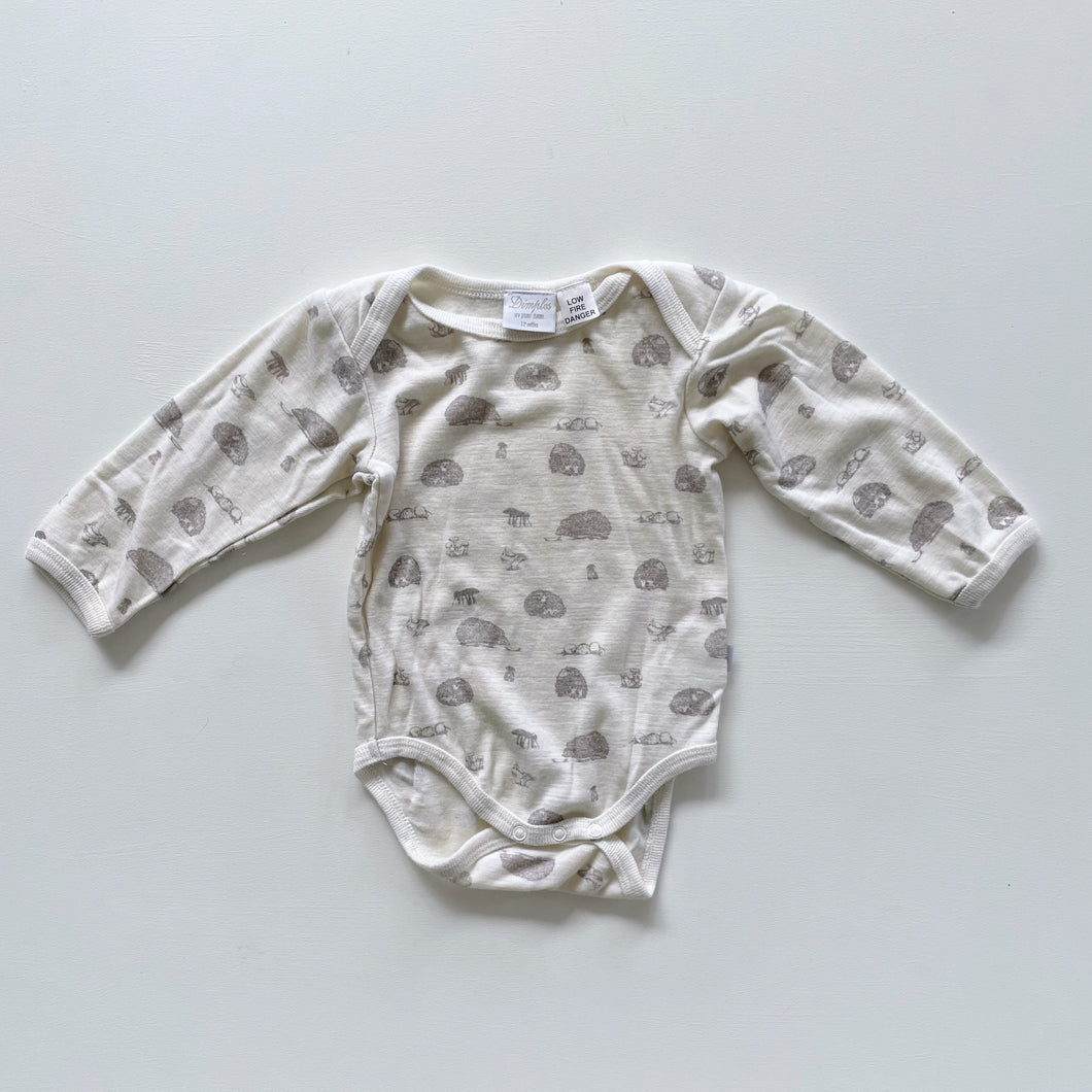 Dimples Merino L/S Bodysuit Hedgehog and Friends (12m)