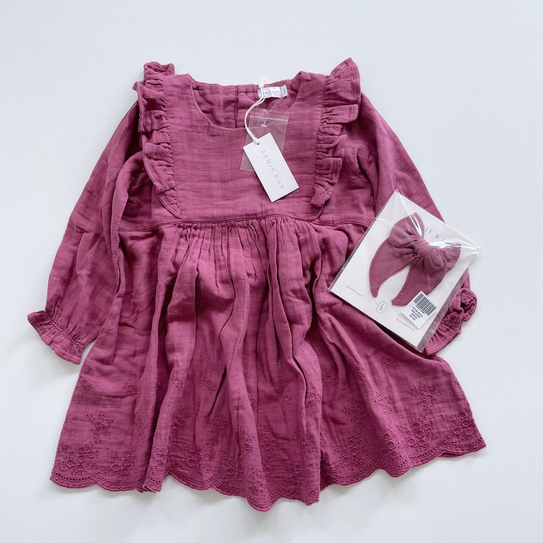 Jamie Kay Organic Muslin Lily Dress + Hair Clip - Damson NEW (4y)