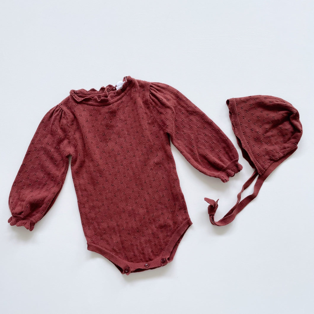 Jamie Kay Knit L/S Romper + Bonnet Painted Cherry (1y)