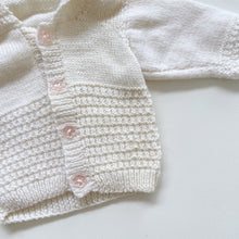 Load image into Gallery viewer, Handmade Wool Cardigan Cream w Pink Flower Buttons (newborn)
