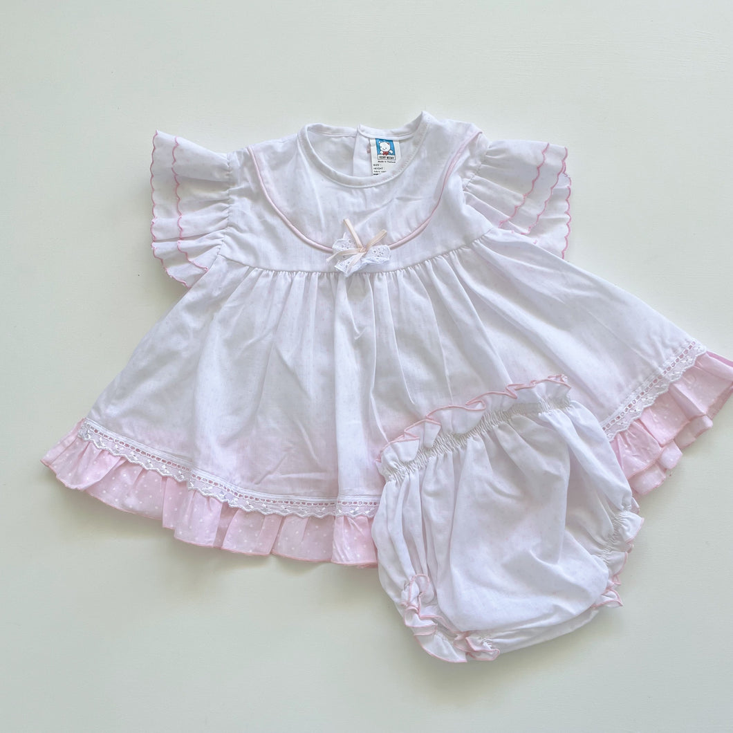 Vintage Teeny Weeny White Pink Dotted Dress/Top + Bloomers Pink (6-12m/1Y)