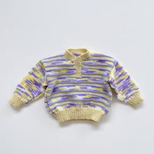 Load image into Gallery viewer, Handmade Wool Jumper Yellow/Purple Speckle Stripes (3-6m)
