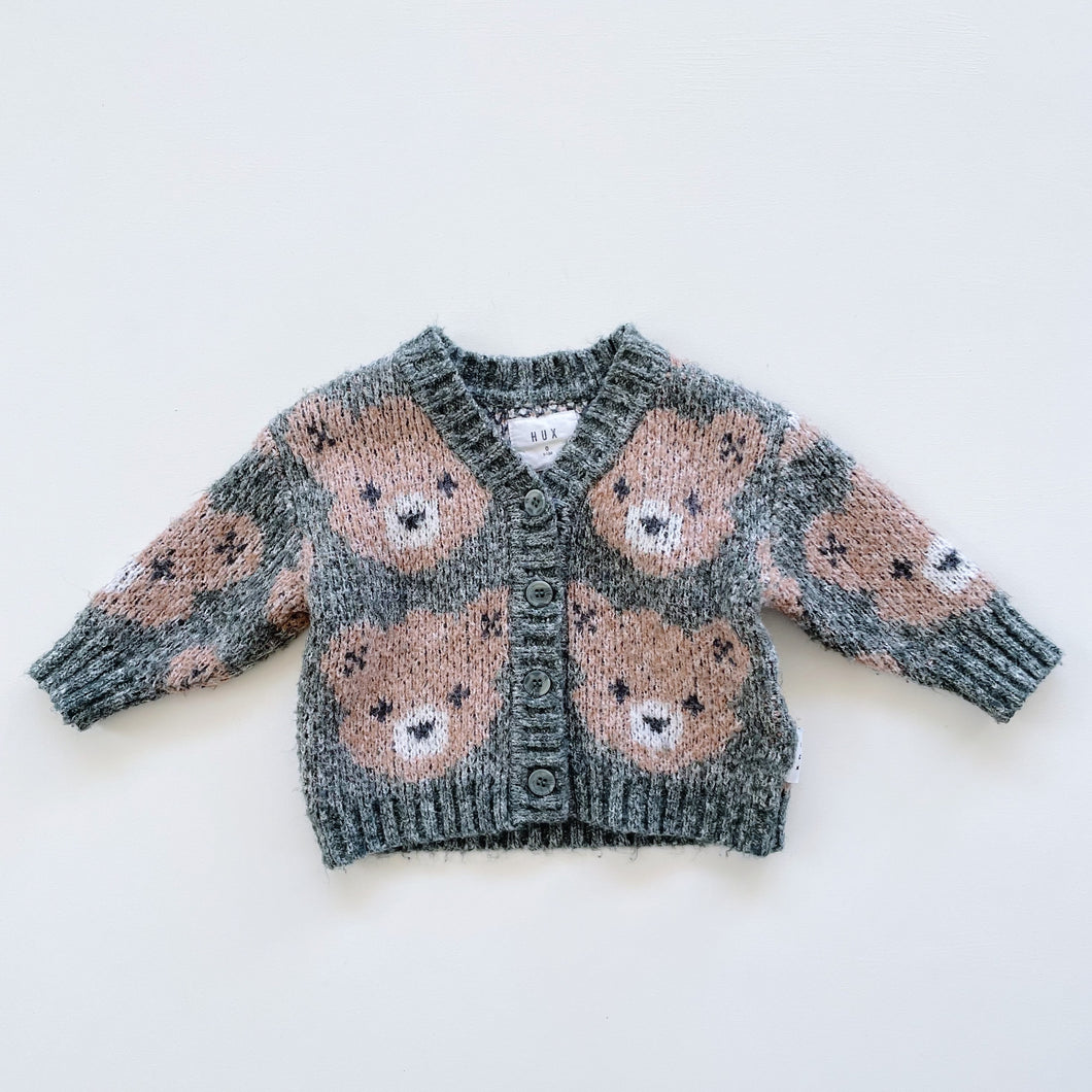 HUX Knit Cardigan Green/Pink Bear (6-12m)