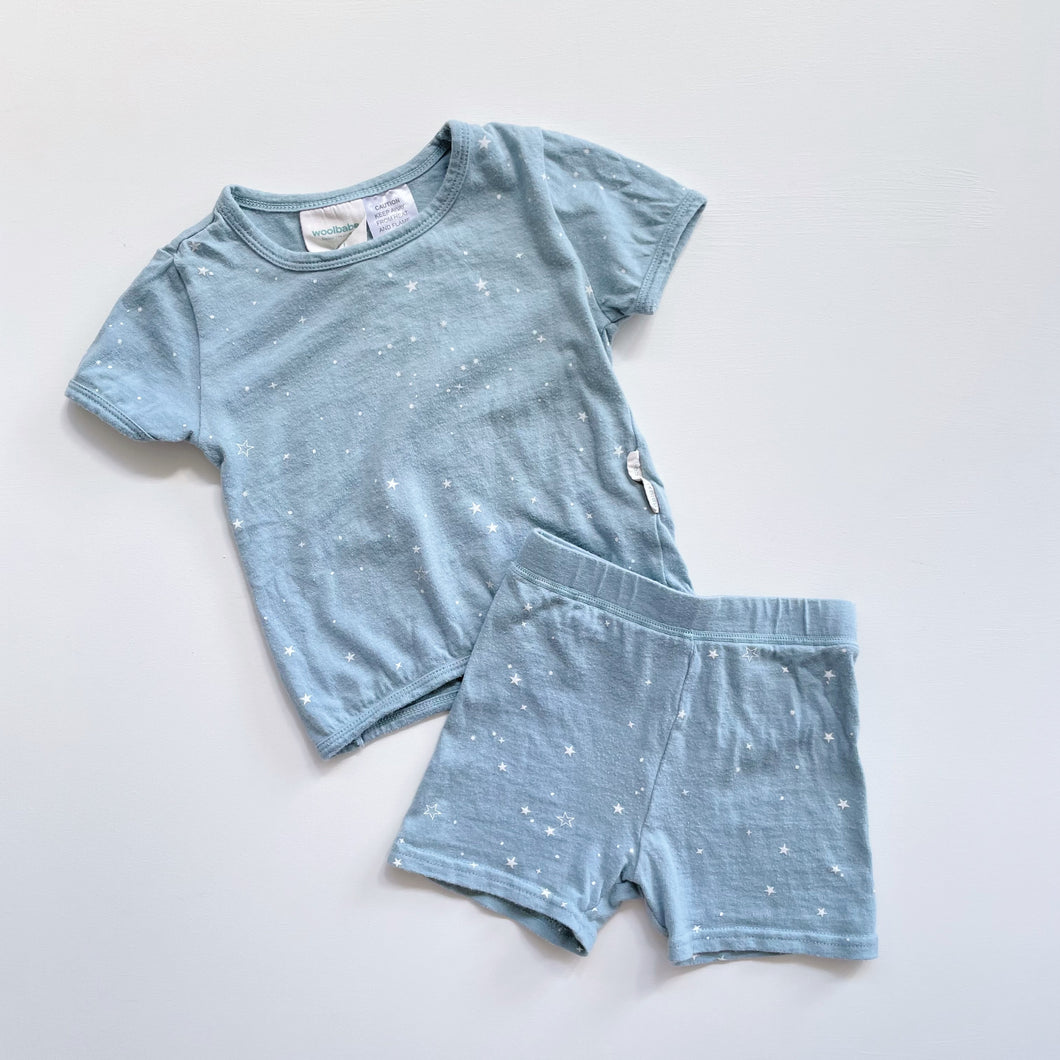Woolbabe Merino/Organic Cotton Summer Pyjamas Light Blue/Stars (1y)
