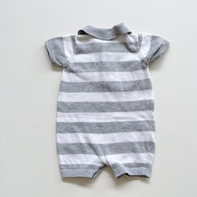 Load image into Gallery viewer, Beanstork Frankie Knit Romper White/Grey Stripes (0-3m)
