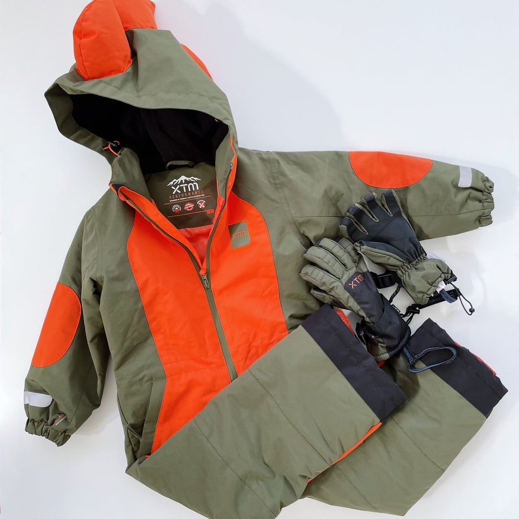 XTM Rugrats II Kids One Piece Snow Suit Green/Orange + Gloves (4y)