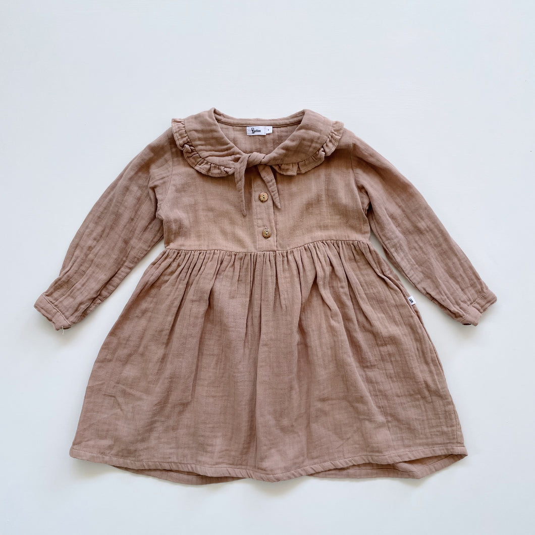 Button Organic Cotton Muslin Collared Dress - Latte (2y)