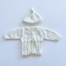 Load image into Gallery viewer, Handmade Wool Knitted Hat + Cardigan Cream (0-3m)
