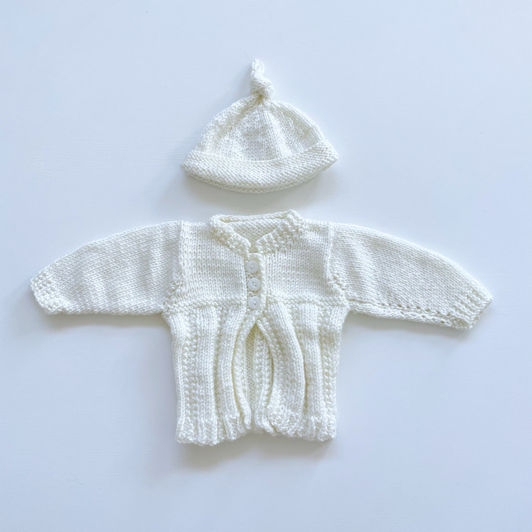 Handmade Wool Knitted Hat + Cardigan Cream (0-3m)