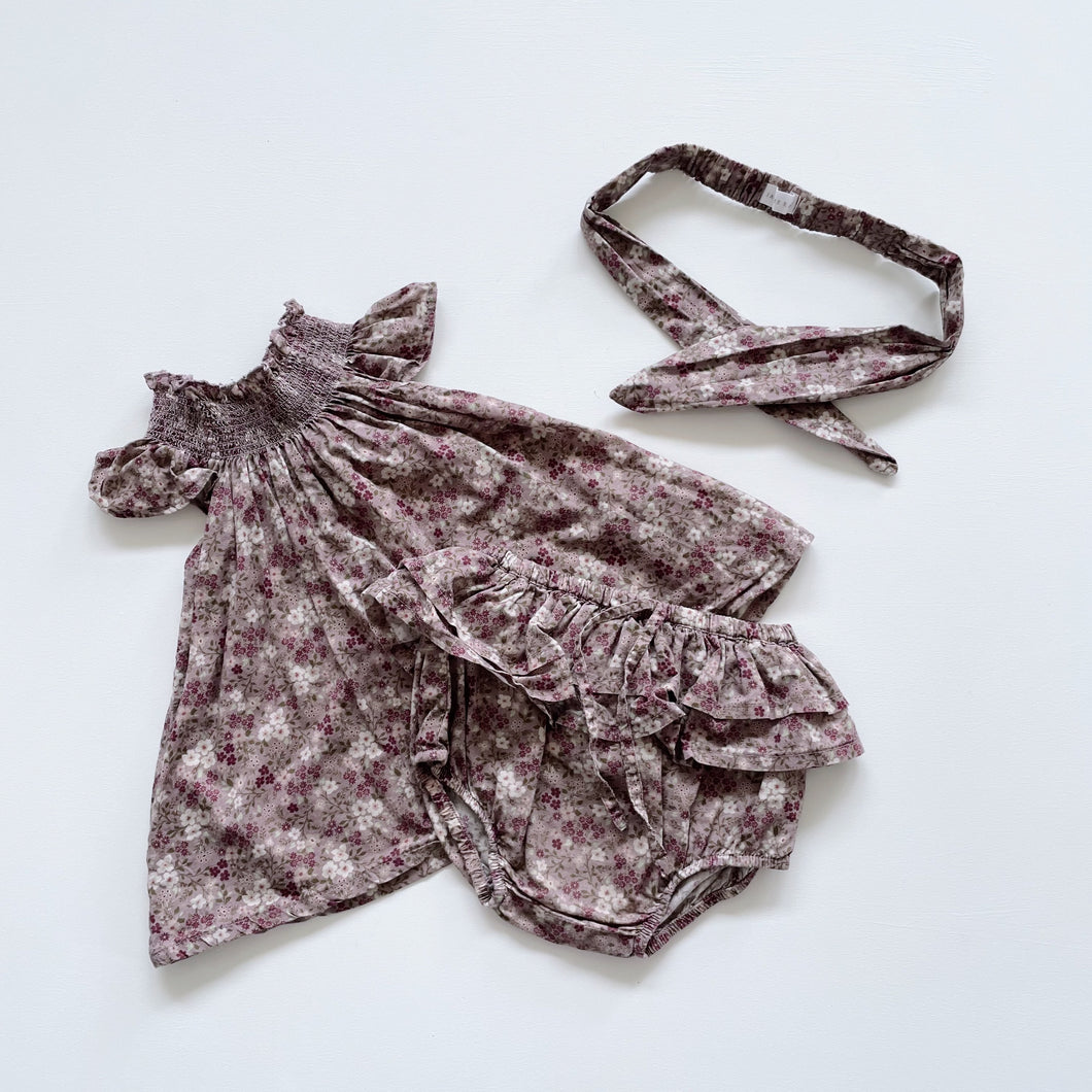 Jamie Kay Organic Bloomers + Top + Headband Pansy Floral Fawn (1y)