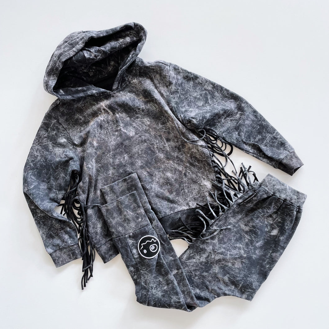 Loud Apparel Organic Hood + Track Pants Black Wash Tassels (4-5y)