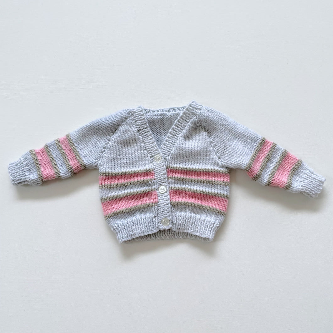 Handmade Knit Cardigan Soft Blue/Pink Stripes (0-3m)