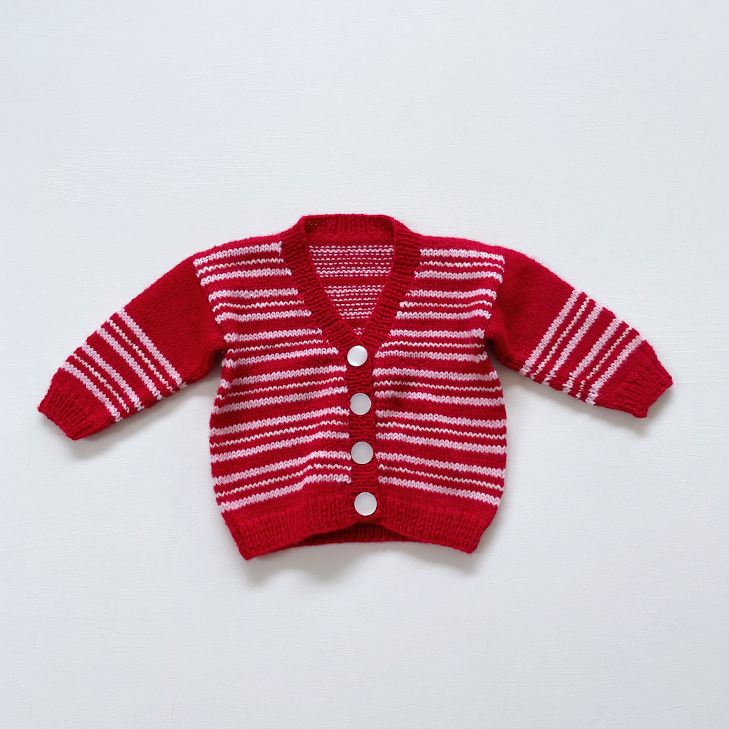 Handmade Wool Knit Cardigan Red Stripes (0-3m)