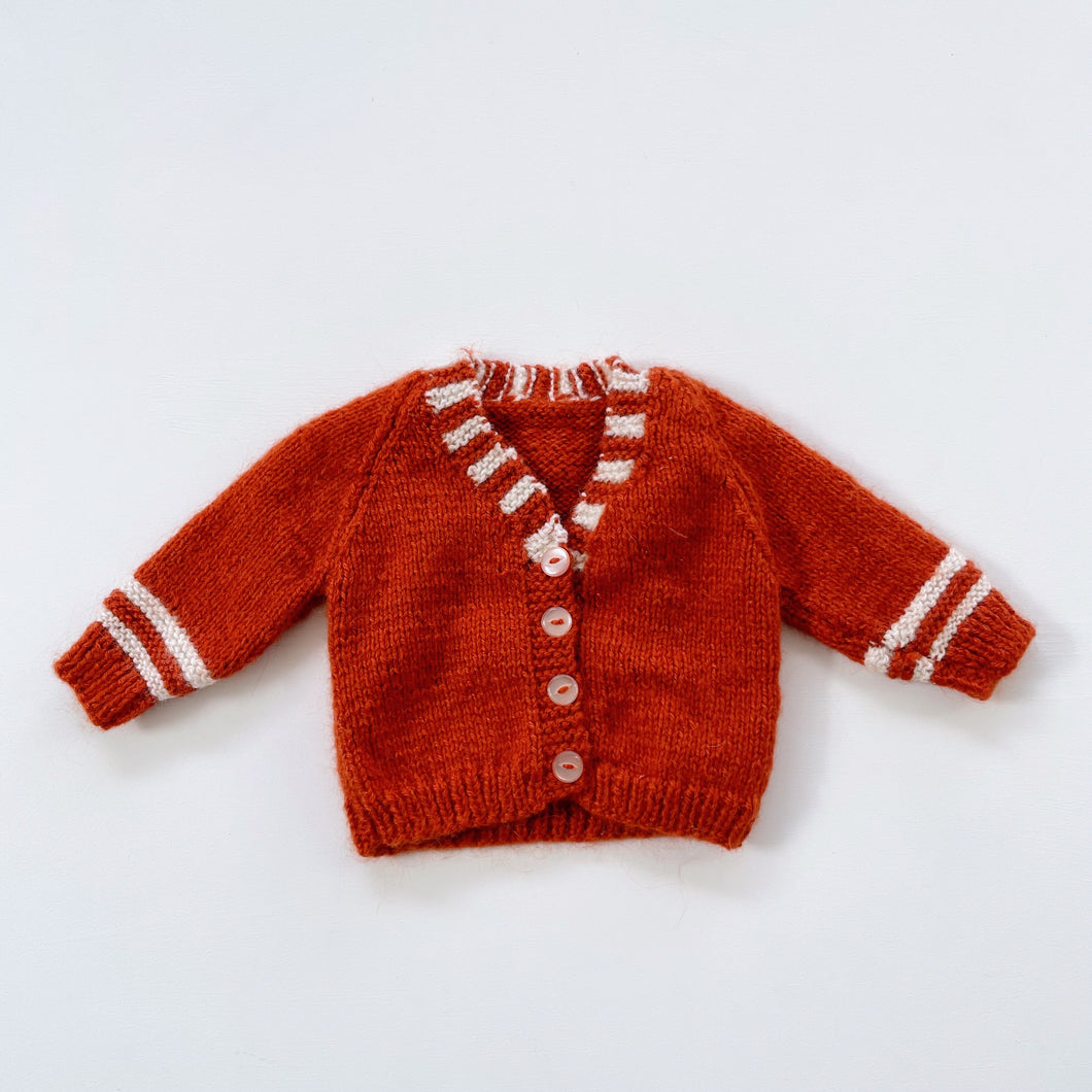 Handmade Wool Cardigan Rust/Stripes (0-3m)