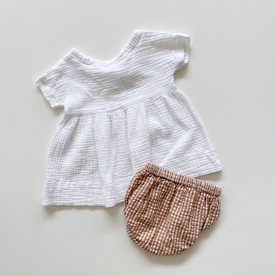 M+C baby Muslin Dress + Gingham Romper (12m)