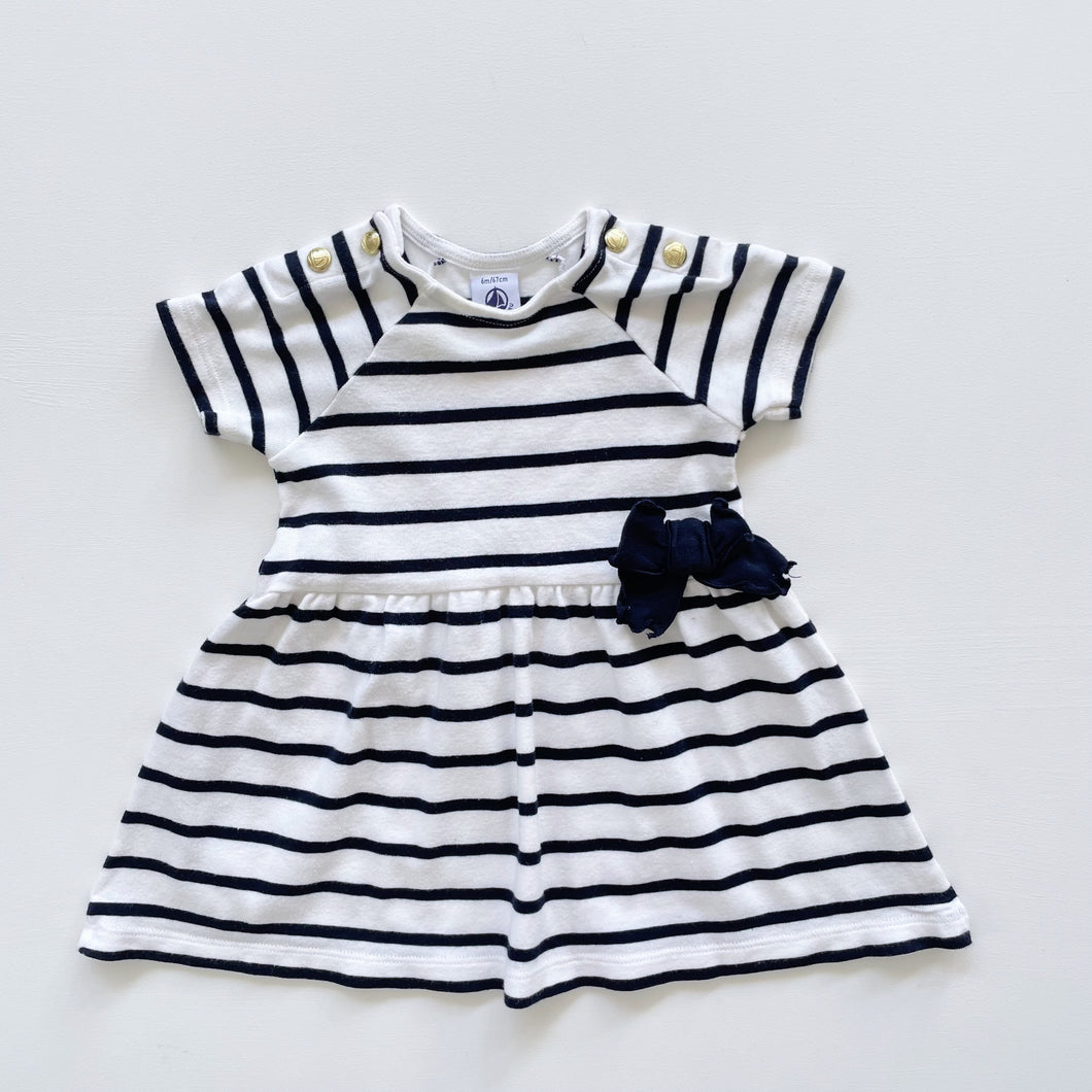 Petit Bateau Dress Navy/White Stripes / Bow (3-6m)