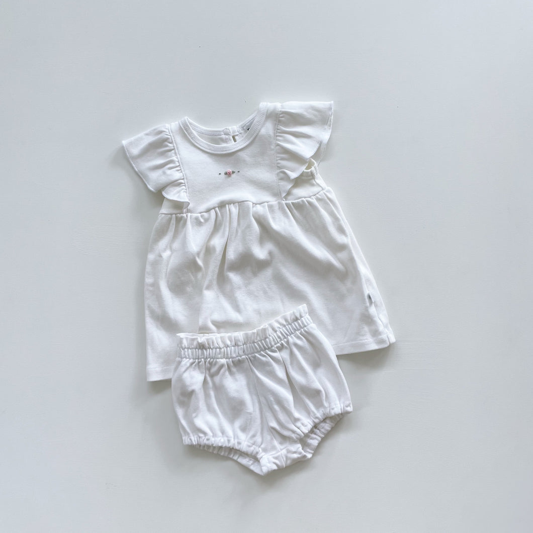 Dimples Organic Dress & Bloomers Set | White (6-12m)