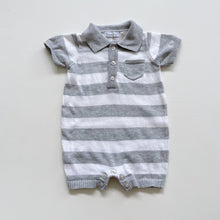 Load image into Gallery viewer, Beanstork Frankie Knit Romper White/Grey Stripes (0-3m)
