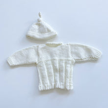Load image into Gallery viewer, Handmade Wool Knitted Hat + Cardigan Cream (0-3m)
