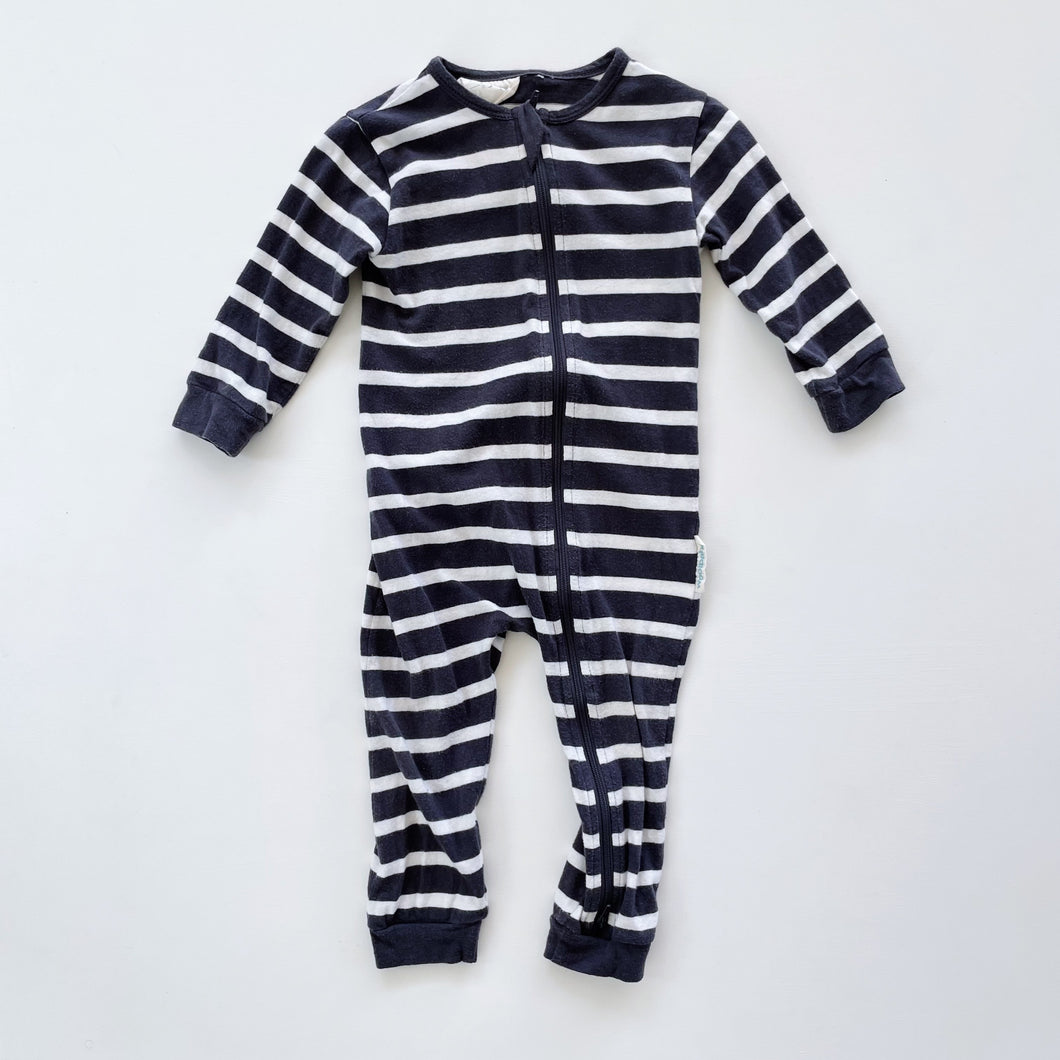 Woolbabe Org Cotton / Merino Onesie Navy Stripes (12-18m)