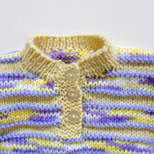 Load image into Gallery viewer, Handmade Wool Jumper Yellow/Purple Speckle Stripes (3-6m)

