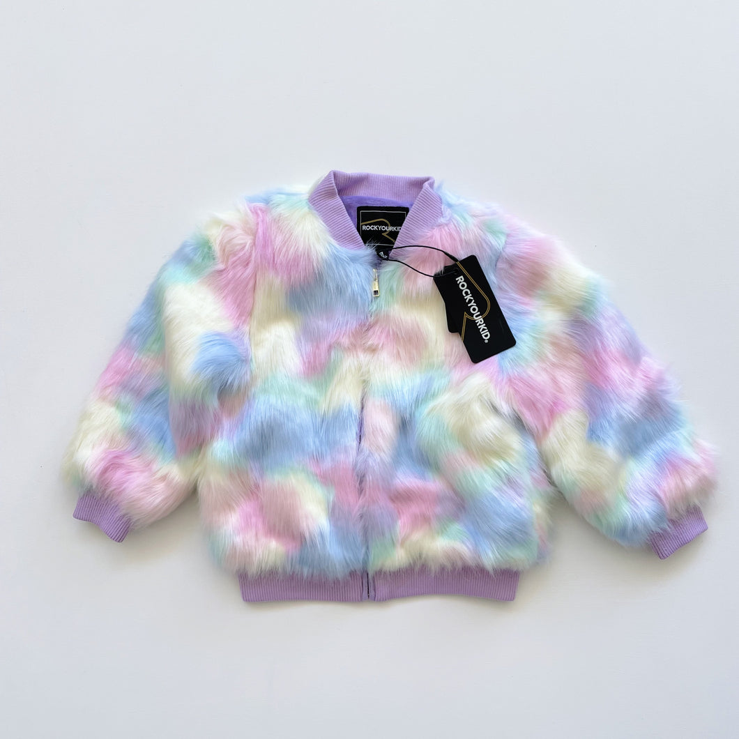 Rock Your Kid Faux Fur Rainbow Bomber Jacket NEW (4y)